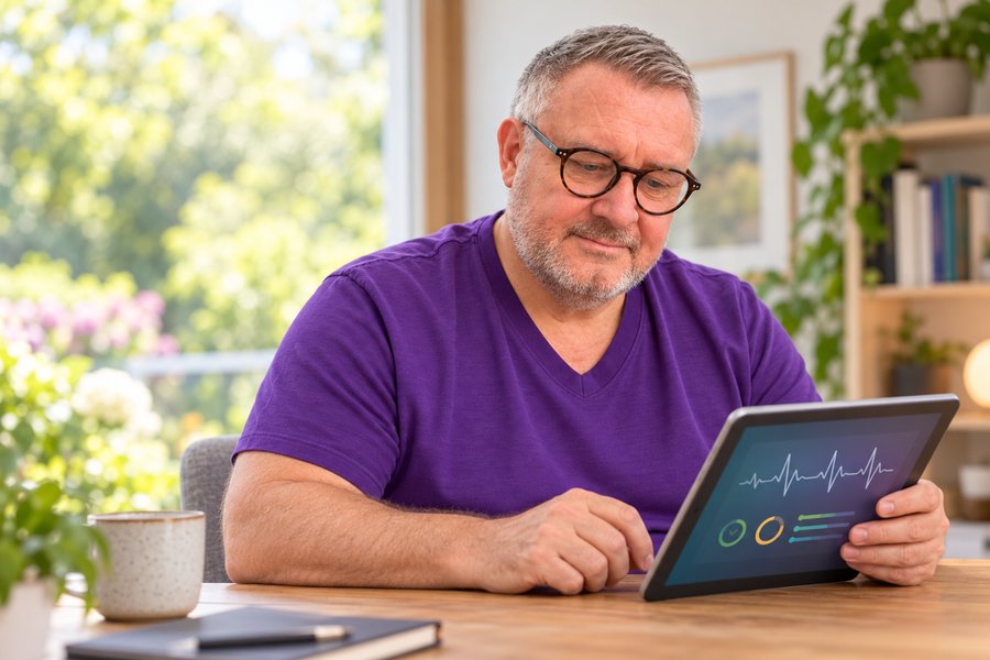 Jürgen Büschges prüft am Tablet seine Werte