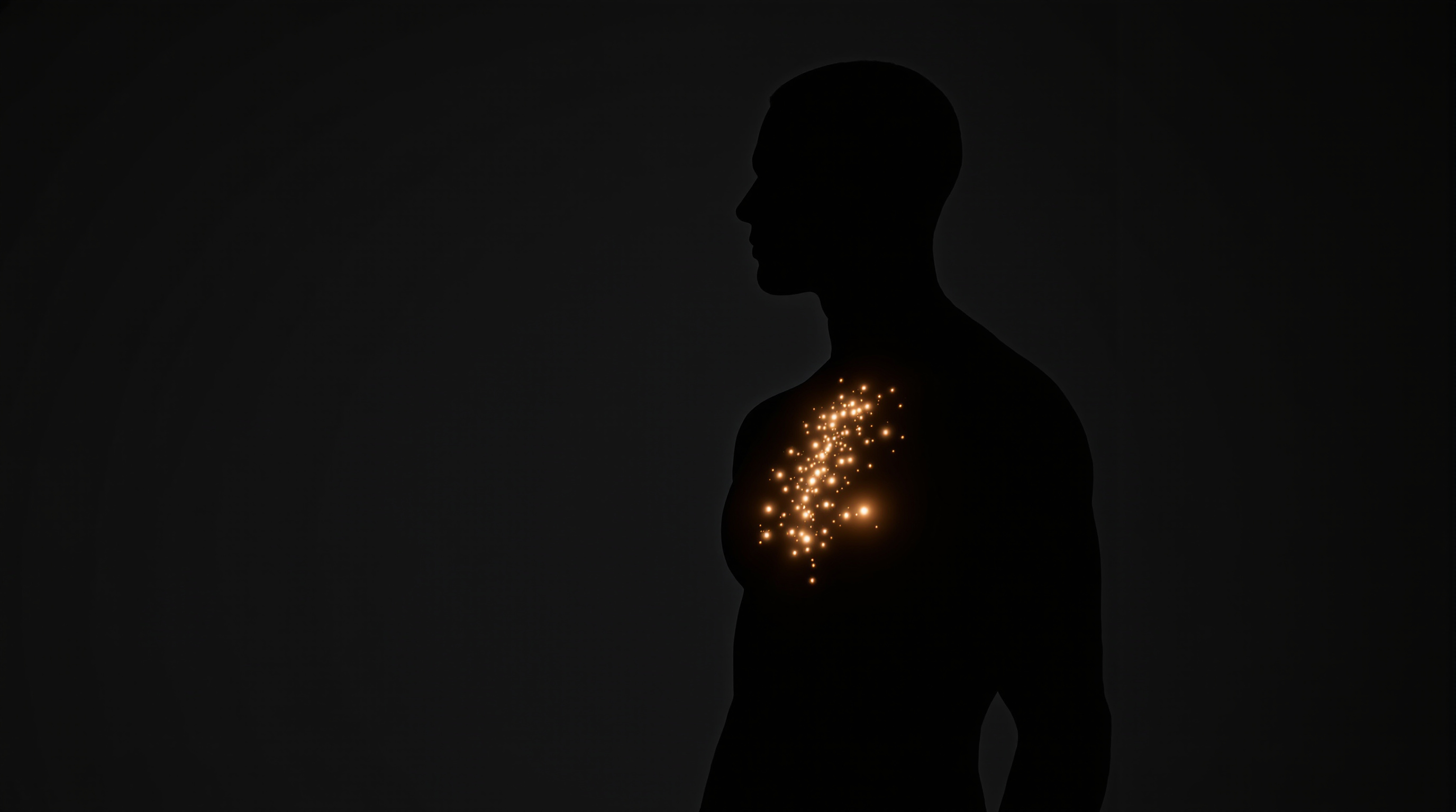A dark human silhouette standing in near-total darkness, seen from the side or three-quarter angle, with an extremely...