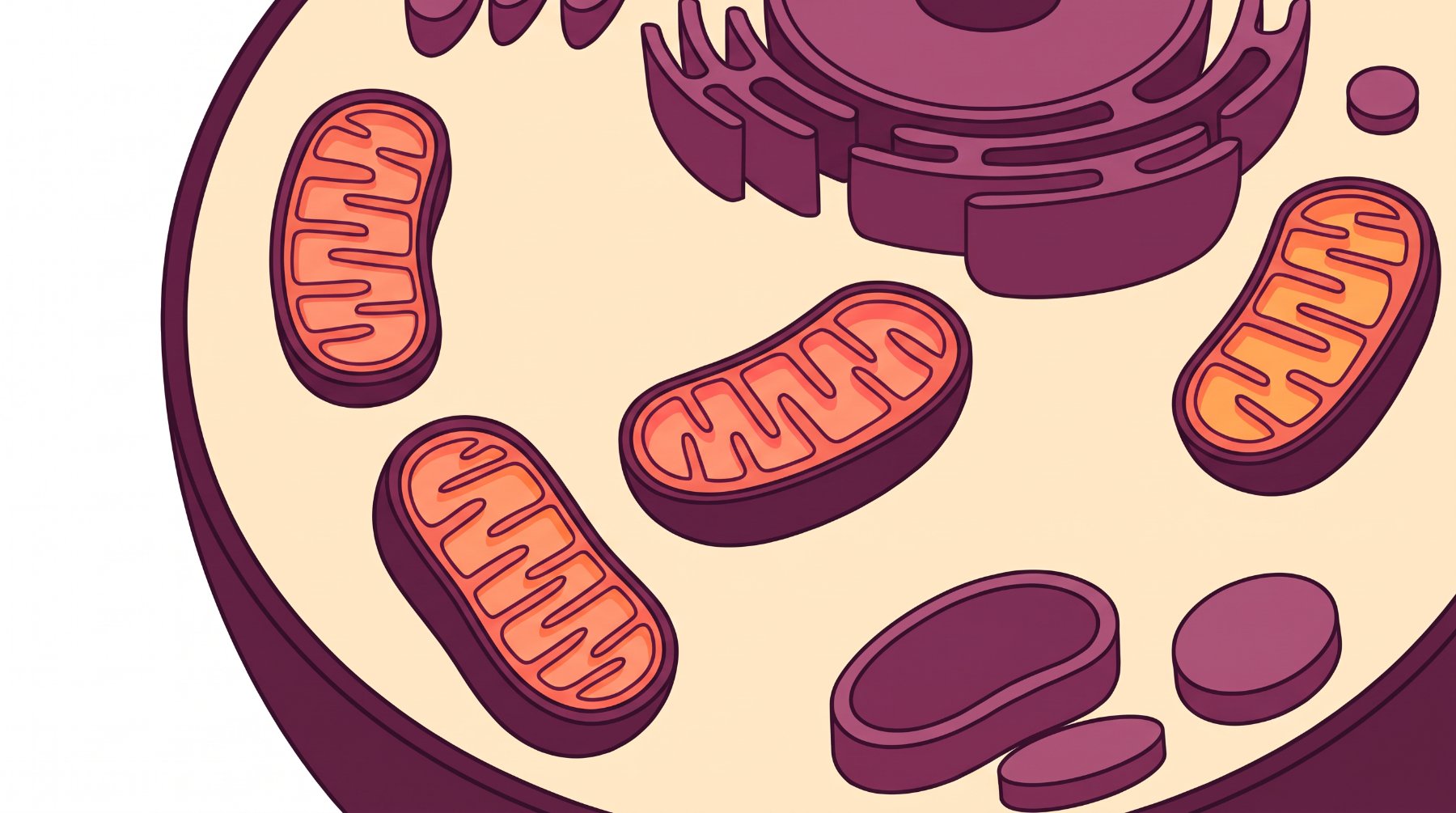 Illustration: Zellquerschnitt mit mehreren leuchtenden Mitochondrien und sichtbaren Cristae-Membranen