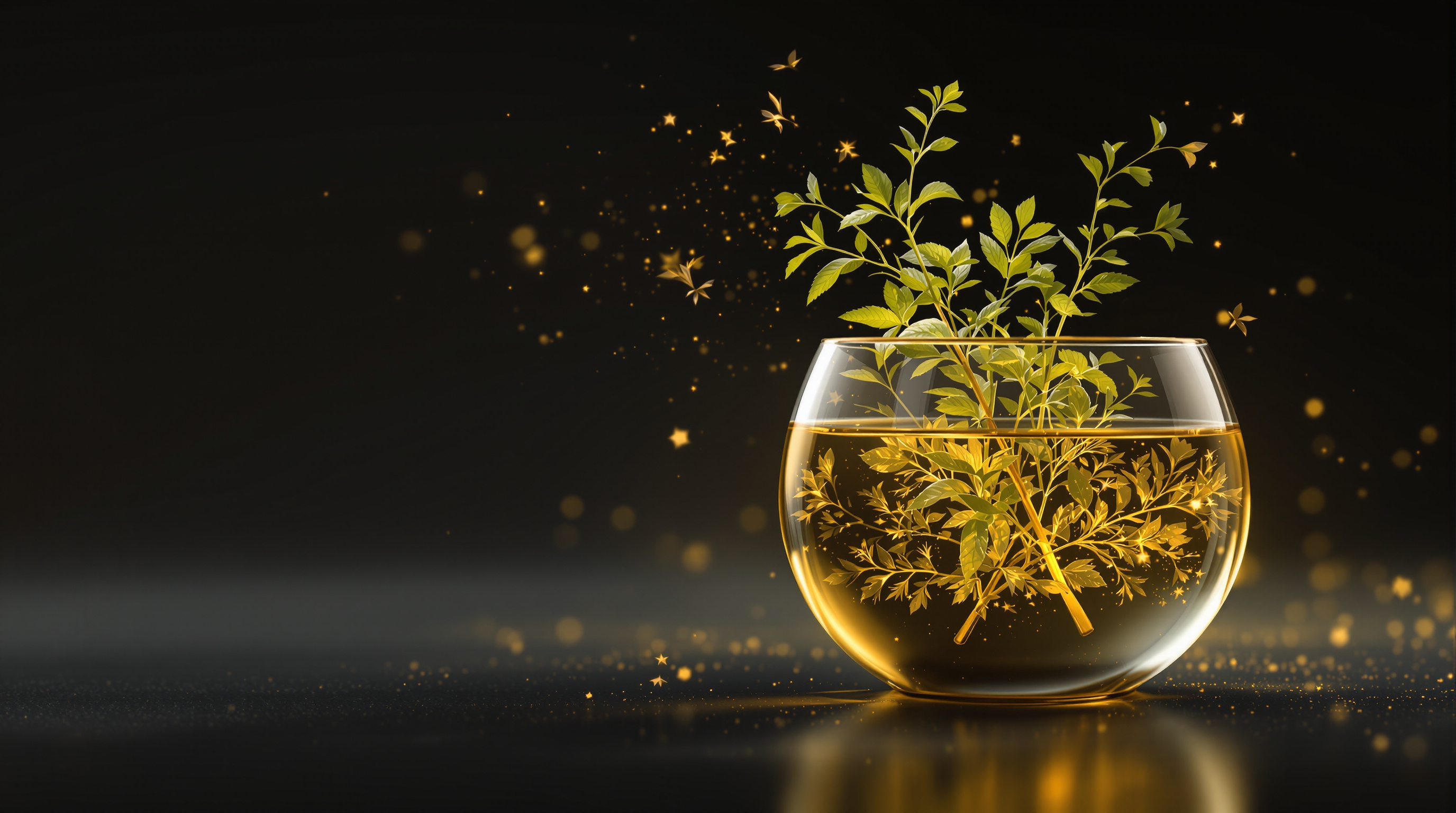 Delicate feathery sweet wormwood sprigs with fine serrated leaves submerged in a glass vessel of clear water, with fi...
