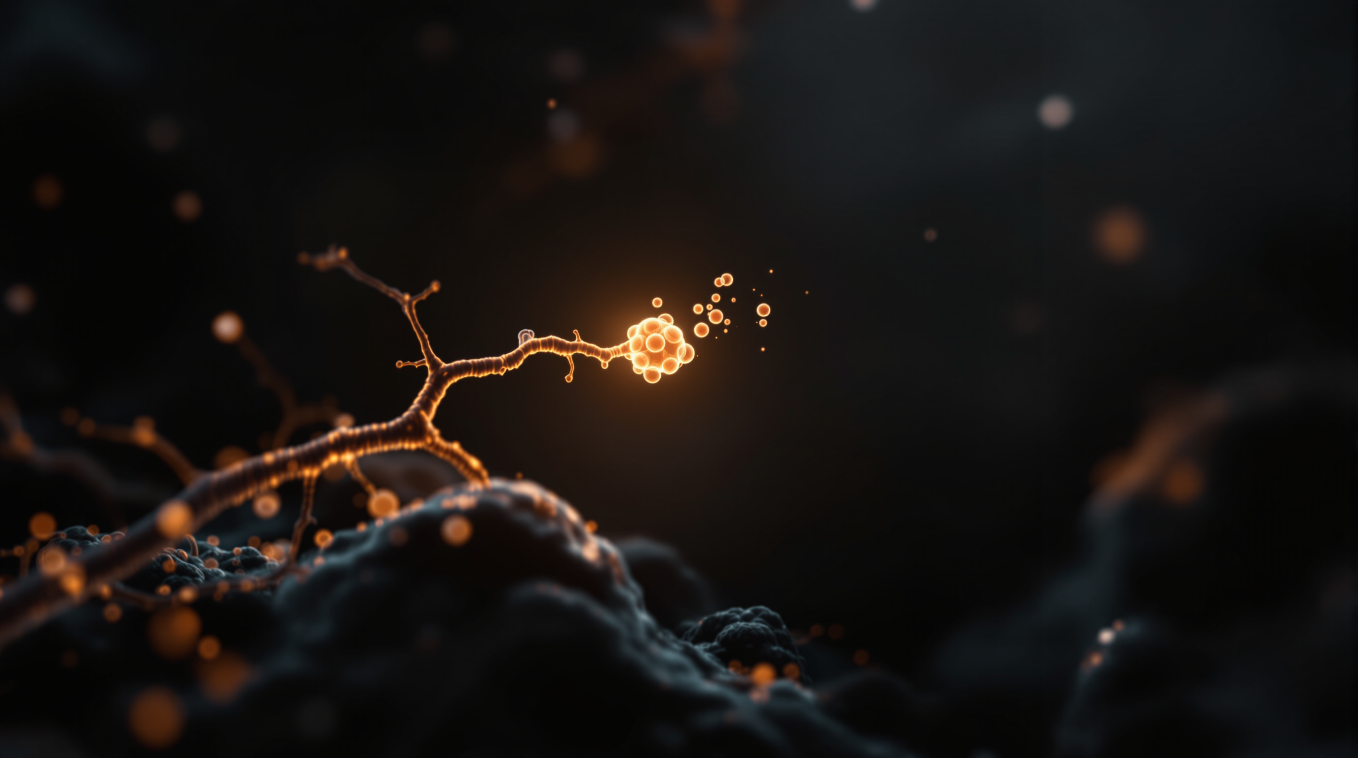 Extreme macro close-up inside a dark human silhouette: a single branching nerve fiber ending reaches toward a small c...
