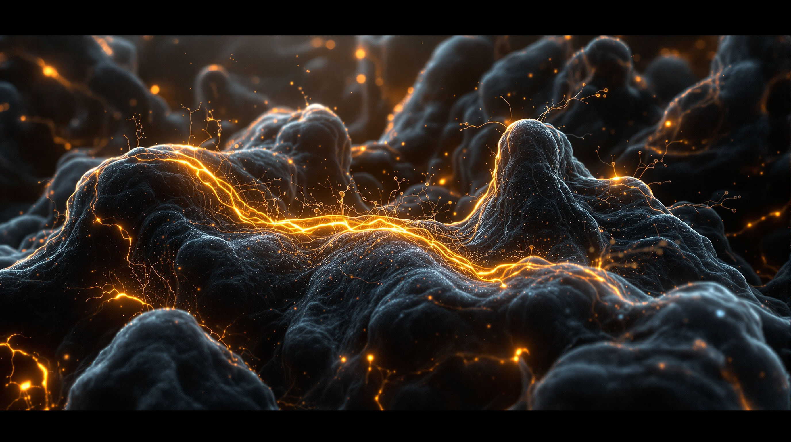 Extreme macro view inside brain tissue, a dense network of neurons with narrow fluid-filled channels running between ...