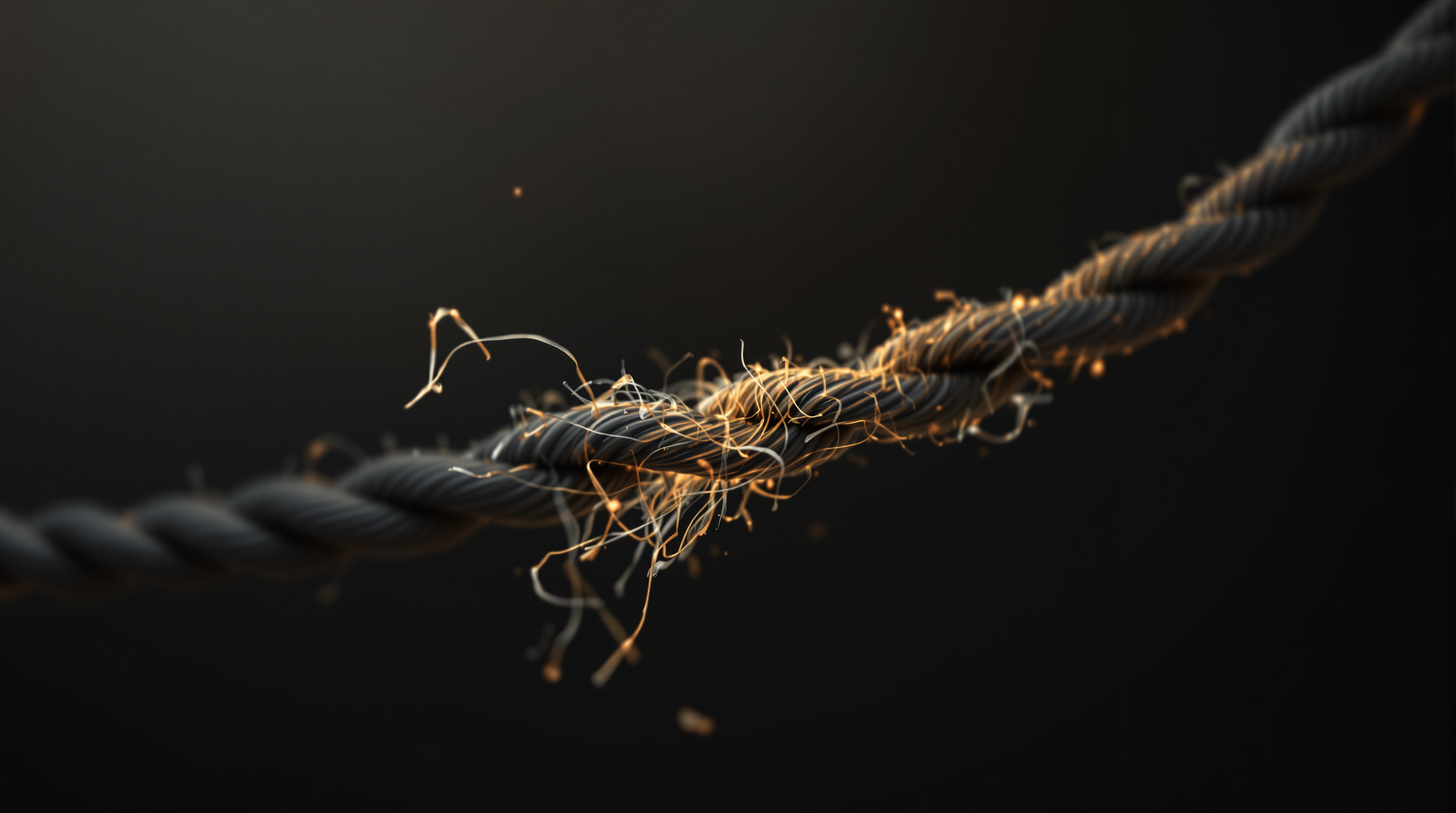 Extreme macro close-up of the frayed, unraveling end of a thick twisted rope, individual fibers splitting apart into ...